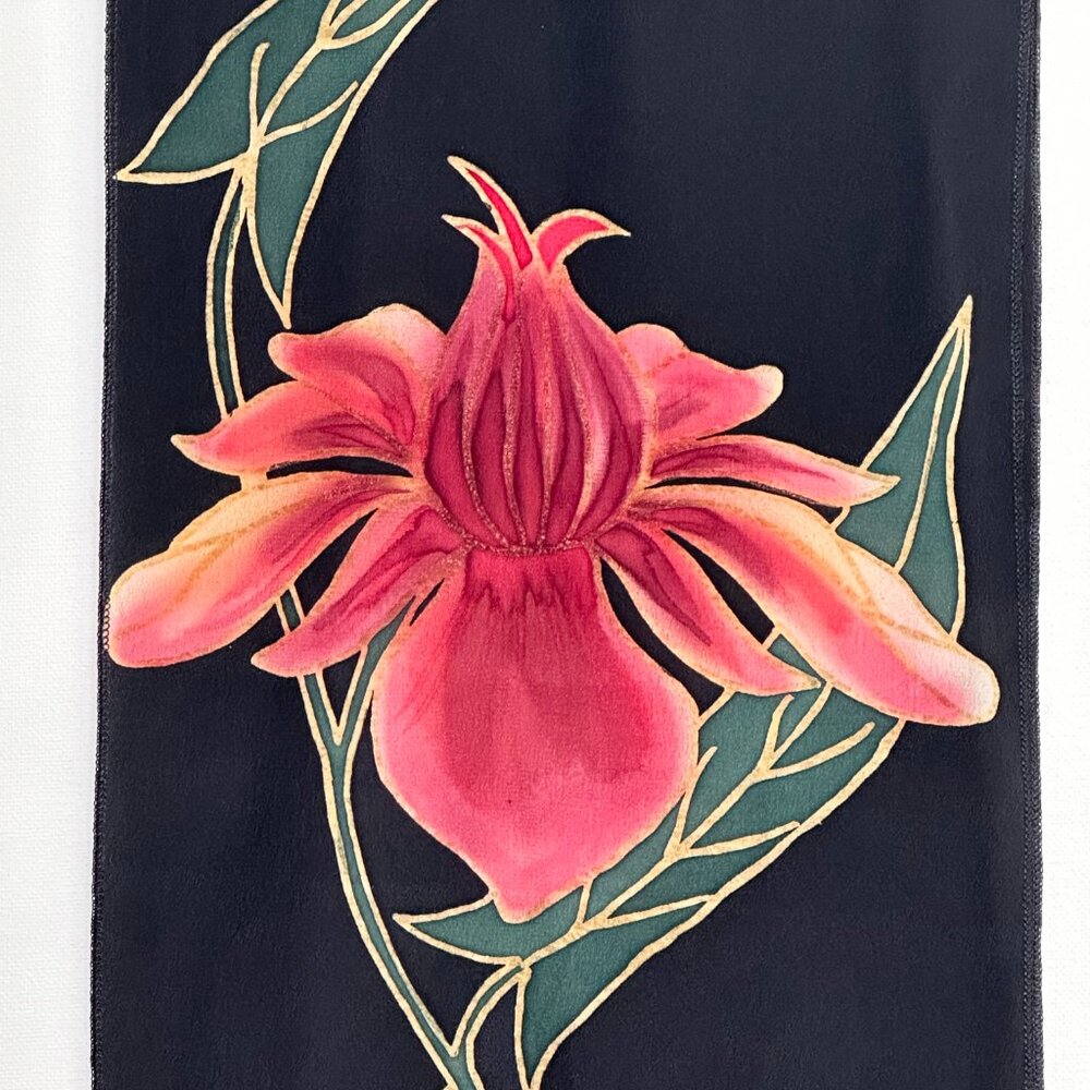 SILK SCARF Stunning Black with Floral Painting by Artist Jane Hall
